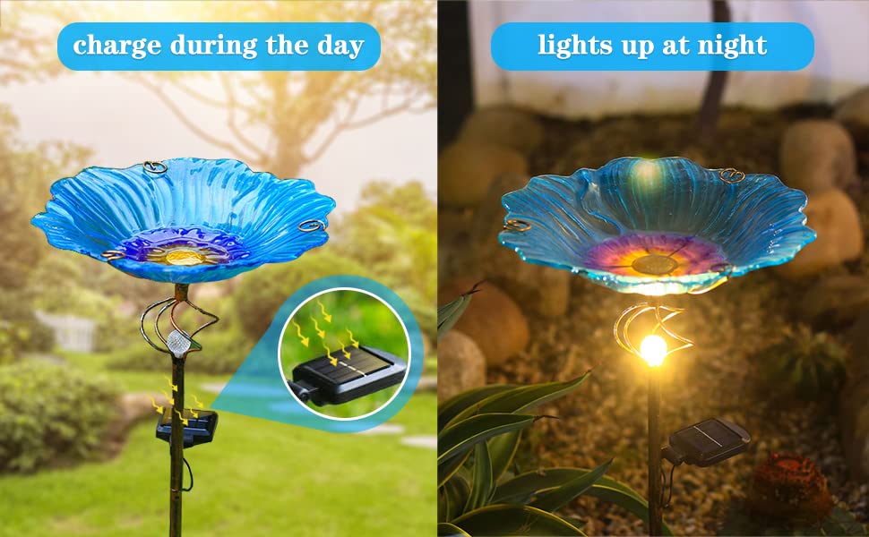 Homight Solar Glass Blue Bird Bath, Yard Art,Garden Outdoor Birdbath with Metal Stake with White LED Light Metal Stake Garden Decor Gifts