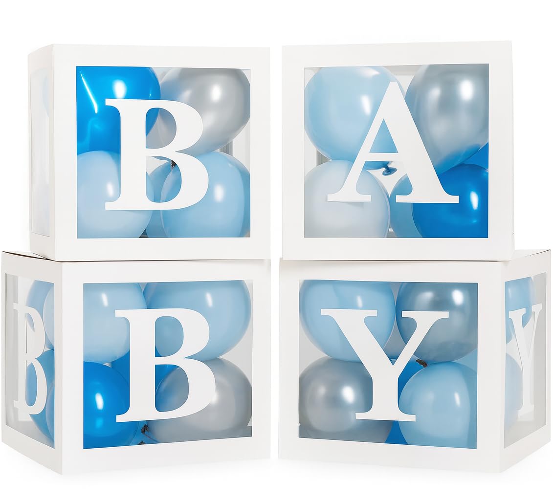 Balloon Garland Arch Kit – 146 Pcs Ultramarine Blue Balloons & Baby Shower Boxes with Letters – White Boxes with Blue, Silver & White Balloons