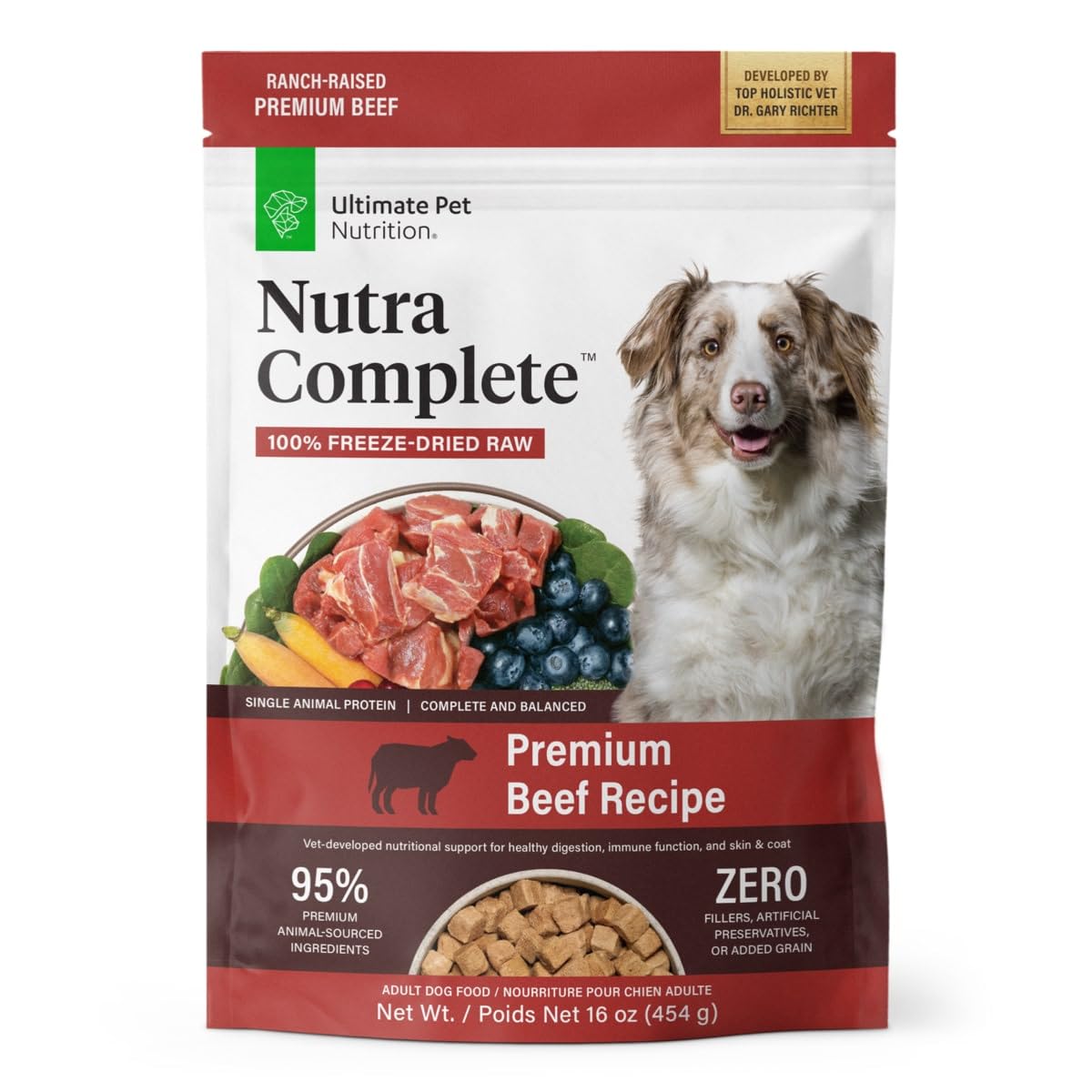 ULTIMATE PET NUTRITION Nutra Complete, 100% Freeze Dried Veterinarian Formulated Raw Dog Food with Antioxidants Prebiotics and Amino Acids (1 Pound, Beef)