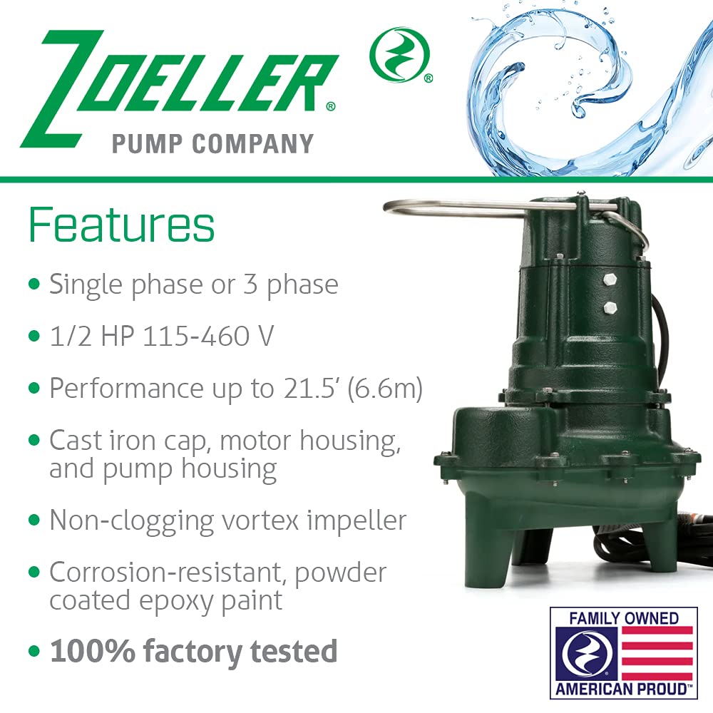 Zoeller Waste-Mate 267 Sewage Pump, 1/2 HP – Heavy-Duty Submersible Sewage, Effluent or Dewatering Pump