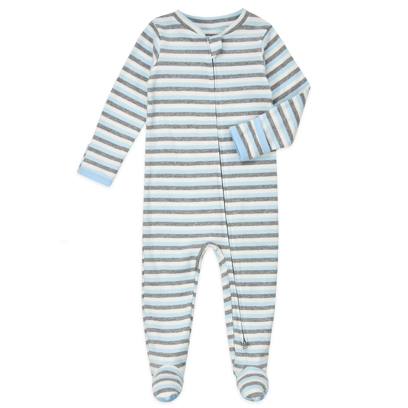 Aablexema Baby Footie Pajamas with Mittens - 3Pcs Infant Footed Sleeper Cotton Sleepwear Outfits(Blue/Grey/Stripe,12-18m)