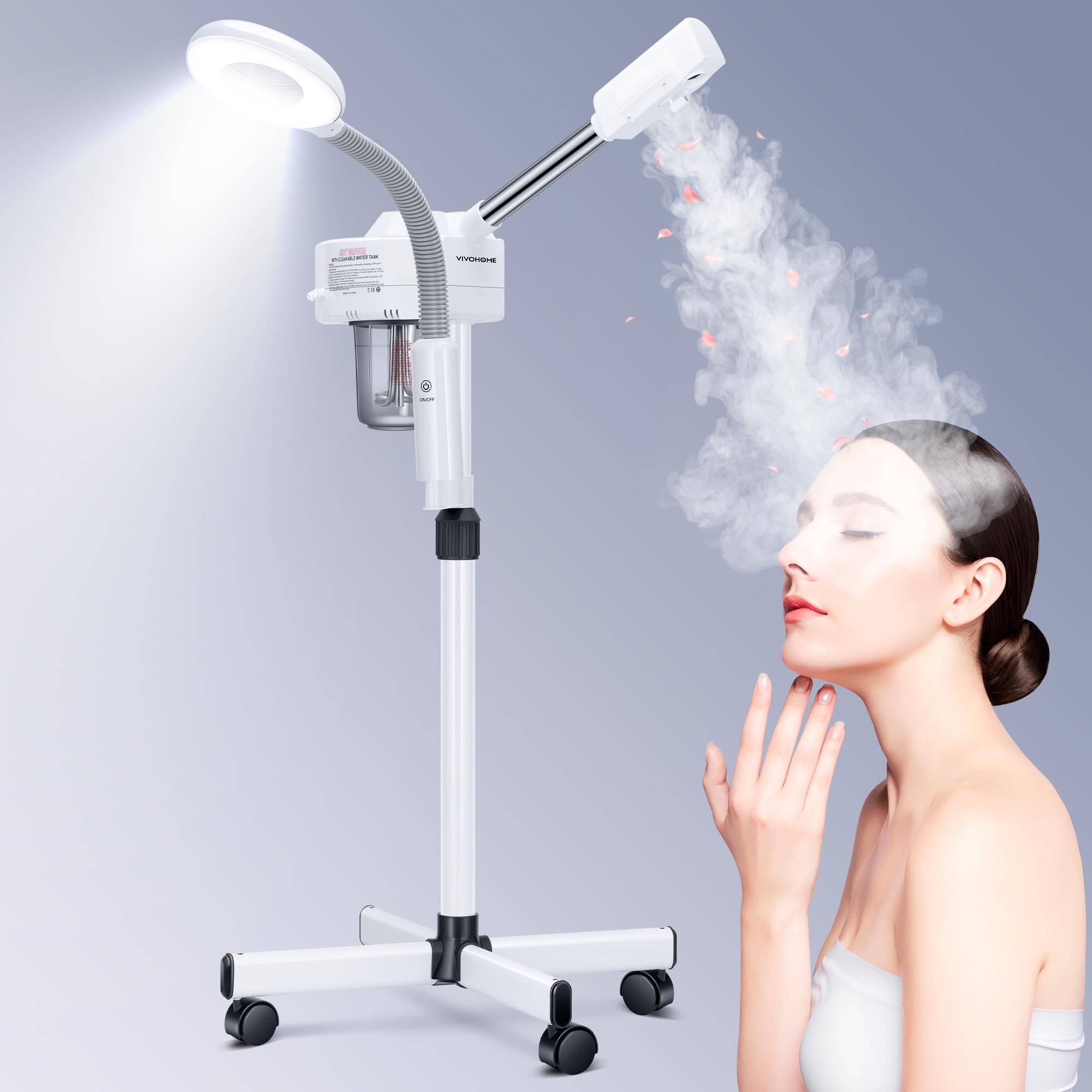 VIVOHOME Professional Facial Steamer for Esthetician with 5X Magnifying Lamp and Humidifier, 2 in 1 Ionic Face Steamer for Skin Spa for Home and Salon, Portable with Rolling Wheels