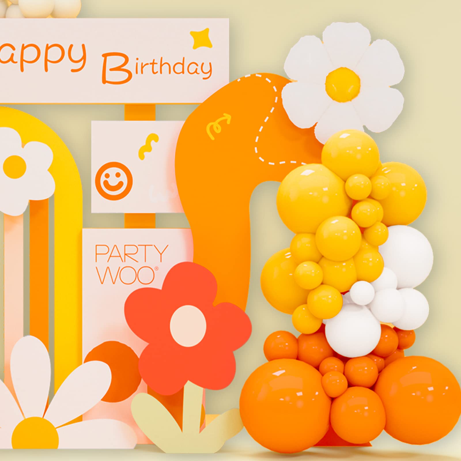 PartyWoo 140 Pcs Daisy Balloon Garland - Orange, Yellow, Apricot, Sand White, White for Arch, Birthday, Baby Shower, Wedding Decorations