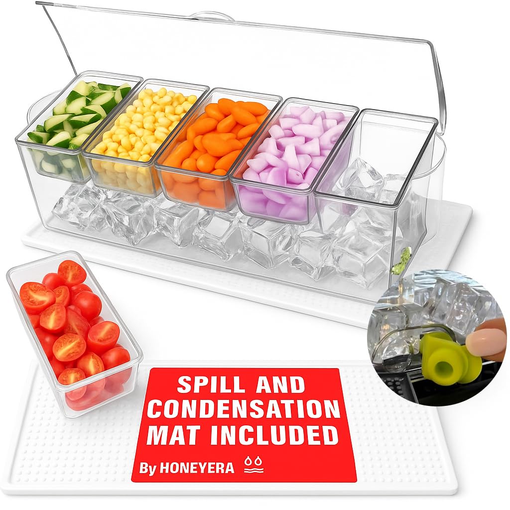 Honeyera Chilled Condiment Server | Hosting Essentials for Up to 80 Oz of Ice | Mimosa Bar Supplies Drain Plug | BPA-Free Taco Bar/Salad Bar | Food-Safe Condiment Caddy (Parent) (White, 1 Pack)