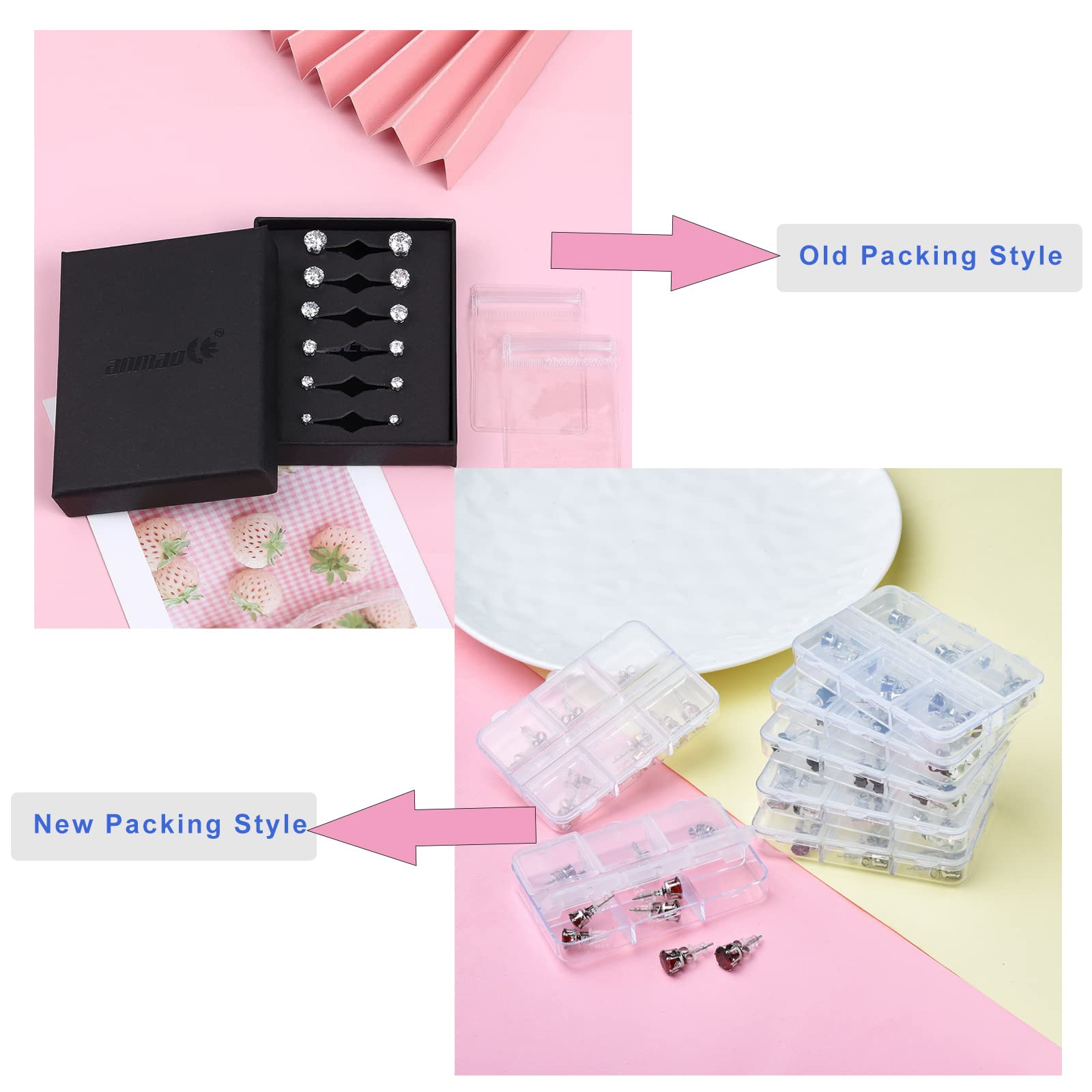 6 Pairs Stud Earrings Set,Clear Cubic Zirconia 316L Stainless Steel Earrings for Women for Men 3-8mm White Gold