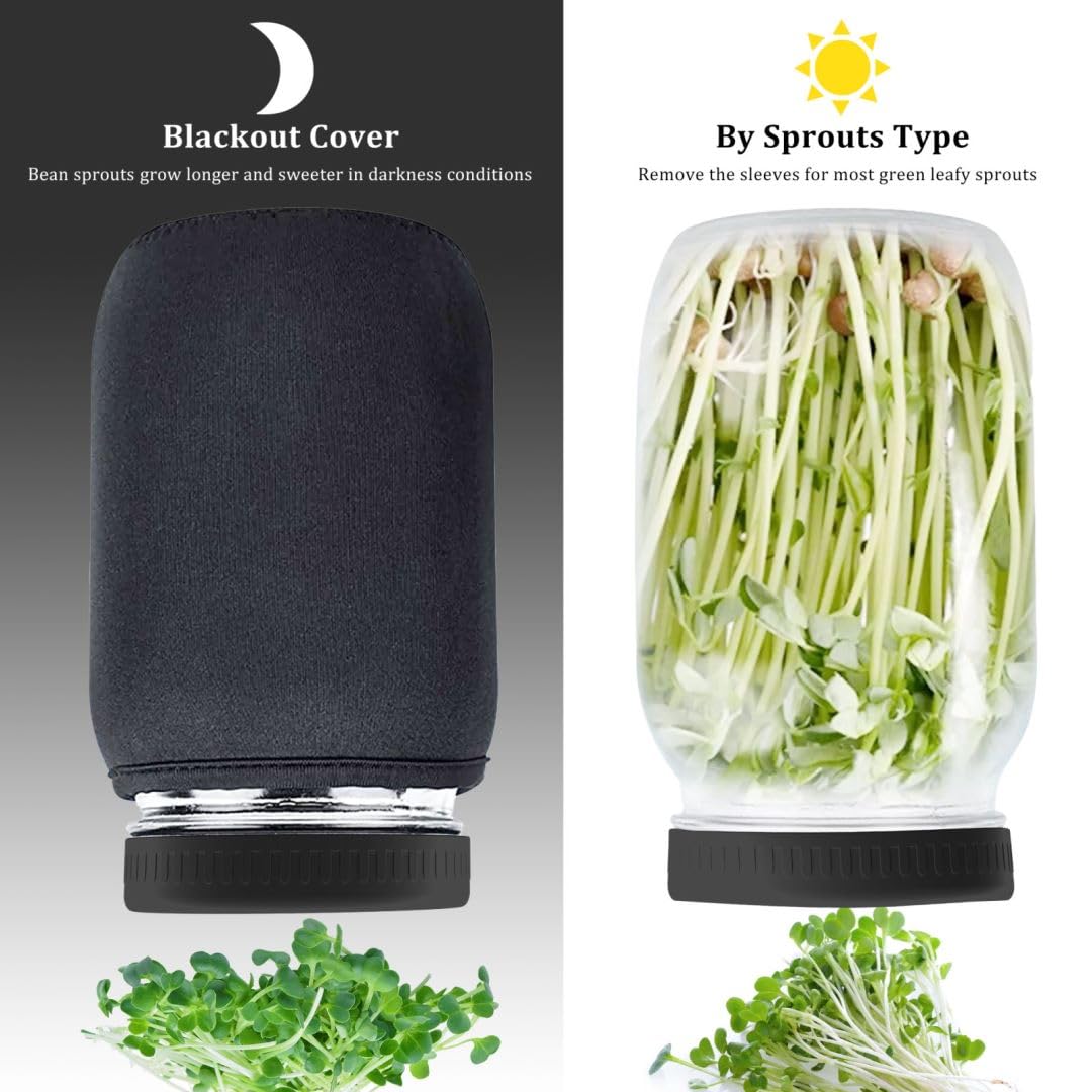 Organic Seed Sprouting Jar Kit – 2 × 32 oz Wide-Mouth Mason Jars with Stainless-Steel Sprouter Lids & Stand, Blackout Sleeves, Drain Tray – Grow Broccoli, Alfalfa & Bean Microgreens