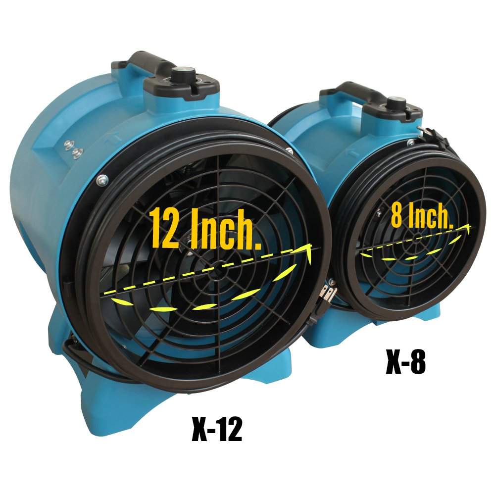 XPOWER X-12 Industrial Blower Confined Space Ventilation Fan — 12” Portable Utility Exhaust Fan for Corn Mill, Manhole, Sewage Systems, 1/2 HP — Blue