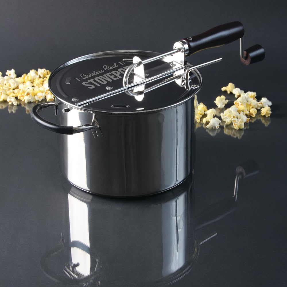 StovePop Stainless Steel Popcorn Popper - Gearless Hand Crank, Magnetic Lid, 6 Qt - Induction Range Compatible