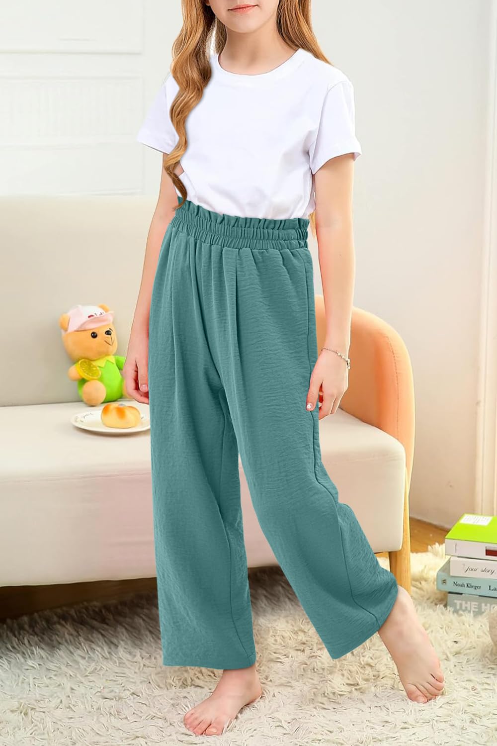 Yoklass Girla Casual Pants Blue Elastic High Waistes Pull On Trousers Cute Wide Leg Pant 4-5 Years