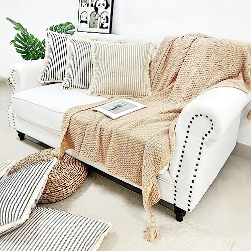 LMYUHONG Linen Throw Pillow Covers 18x18 Set of 2, Black Striped Beige Pillow Covers with Fringe, Boho Decorative Pillows Cover Farmhouse Square Cushion Case for Sofa Couch Bed Living Room Decor