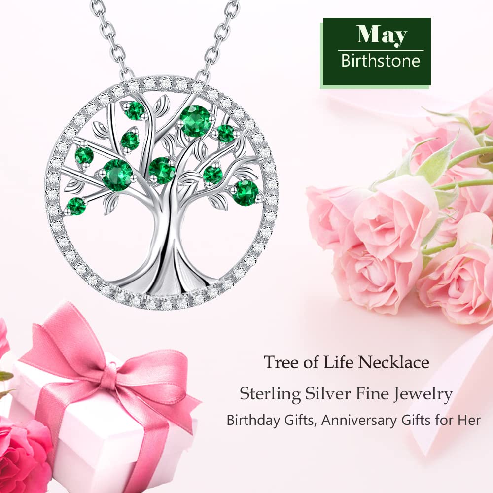 ELDA & CO. Birthday Gifts Mom Wife May Birthstone Jewelry Women Green Emerald Necklace Tree of Life Jewelry for Her Sterling Silver