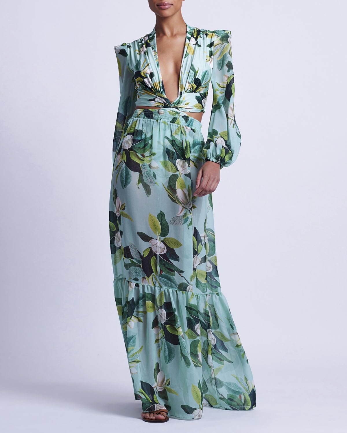 PATBO, Magnolia Plunge Maxi Dress, L, Green Multi