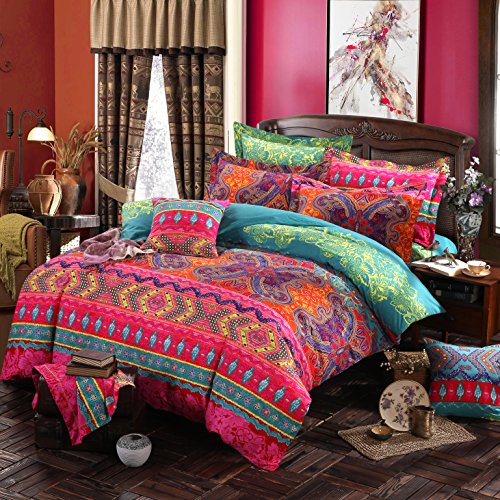 FADFAY Exotic Boho Duvet Cover Set King/California King 100% Brushed Cotton Soft Bohemian Bedding Red Teal Mandala Printed Bedding Reversible Striped Zipper Bed Comforter Cover + 2 Pillowshams