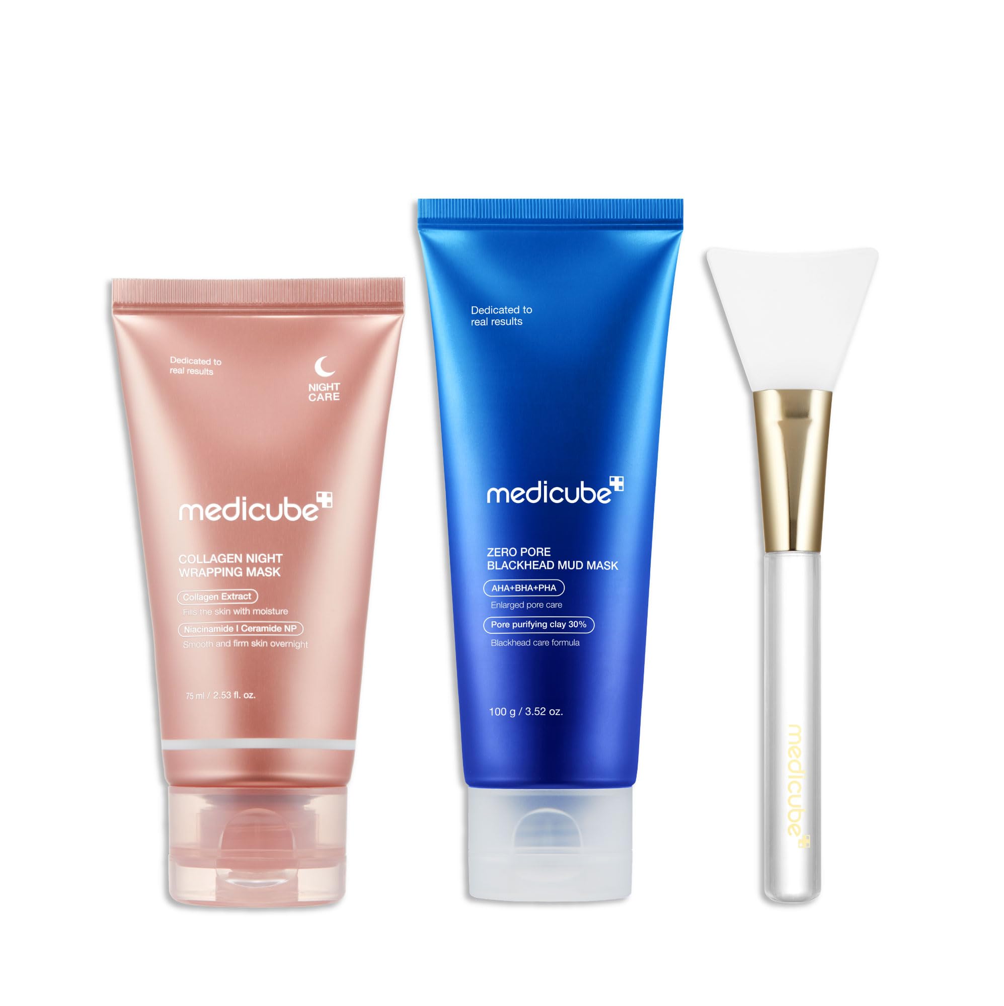 medicube Korean Viral Glass Skin Faical Mask Duo: Collagen Overnight Wrapping Peel Off Facial Mask Pack and Zero Pore Blackhead Mud Facial Mask and Jelly Brush