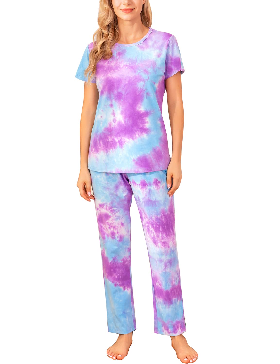EISHOPEER Womens Pajamas Set Tie Dye Short Sleeve Tops and Long Pants Sleepwear Lounge Set Pjs Multicoloured XS