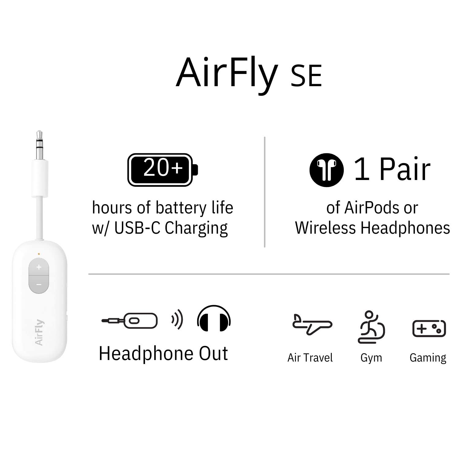 Twelve South AirFly SE Audio Streaming for TV/Airplane to Wireless Headphones – Wireless Adapter for AirPods, Airplane, Car, Gym, Home, Use with Any 3.5 mm Audio Jack