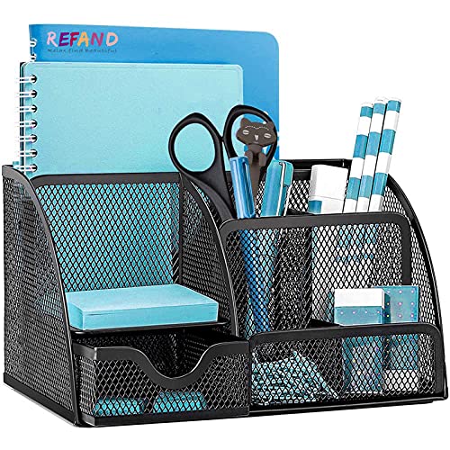 Refand Mesh Desk Organizer, Desktop Office Supplies Multi-Functional Caddy Pen Holder Stationery with 6 Compartments and 1 Drawer for Office, Home, School, Classroom