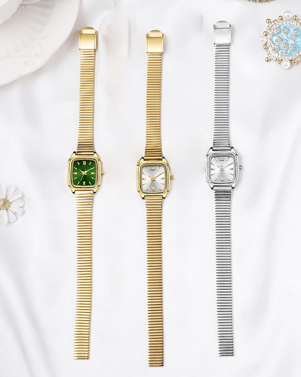 BESTKANG Vintage Square Women's Watch Stainless Band Women's Waterproof Easy-to-Read Gold Quartz Watch (Gold-Green)