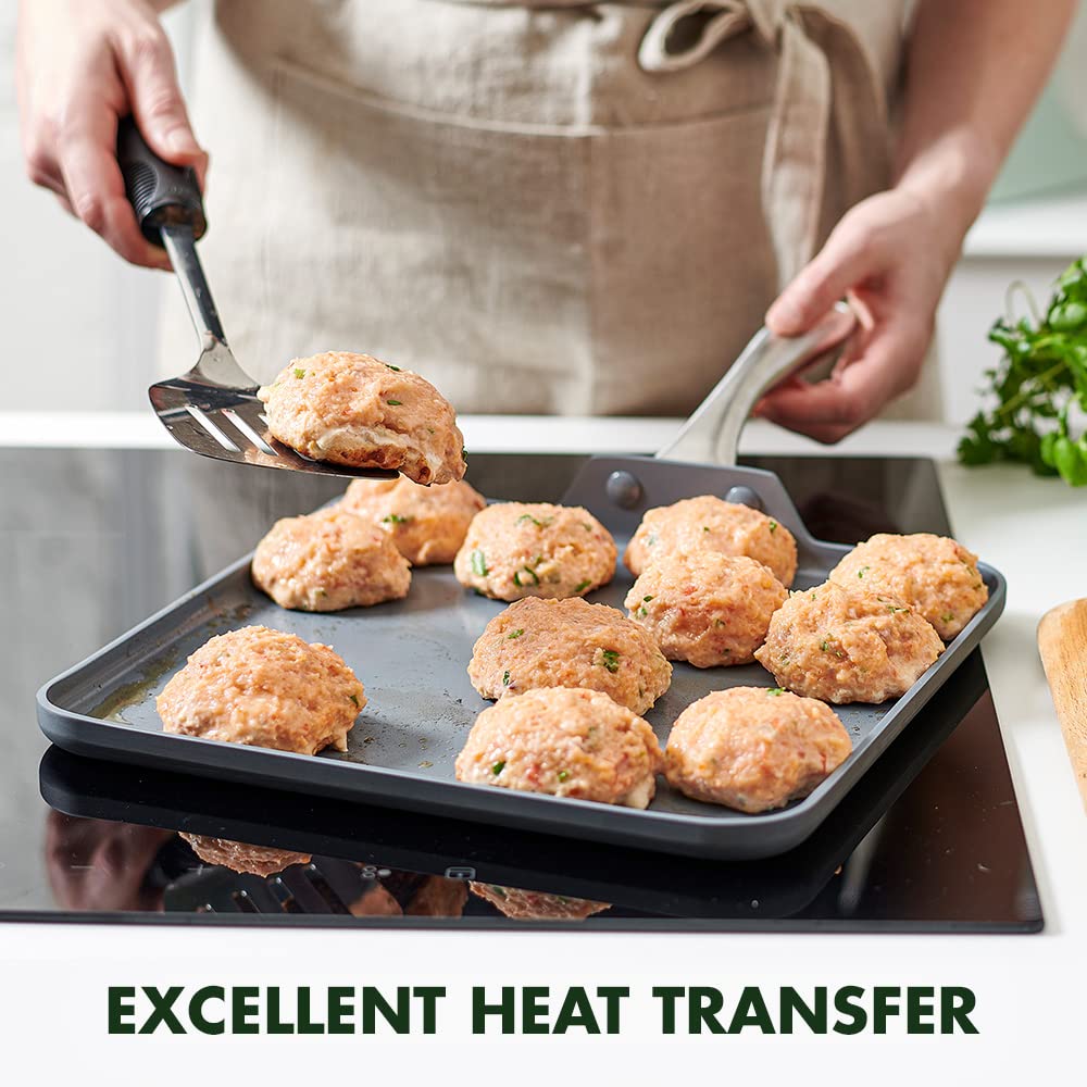 GreenPan Lima Hard Anodized 11” Square Griddle Pan, Ceramic Nonstick, PFOA PFAS-Free Nontoxic Pots and Pans, Oven & Broiler Safe, Stainless Steel Handle, Cookware for Eggs & Omelet, Gray