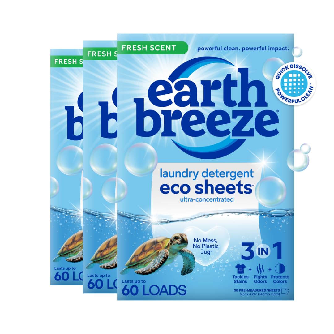 Earth Breeze Laundry Detergent Sheets - 90 Detergent Sheets - (3 Pack) 30 Sheets Per Pack - 180 Loads - Concentrated Liquidless Laundry Soap - No Plastic Jug - Fresh Scent