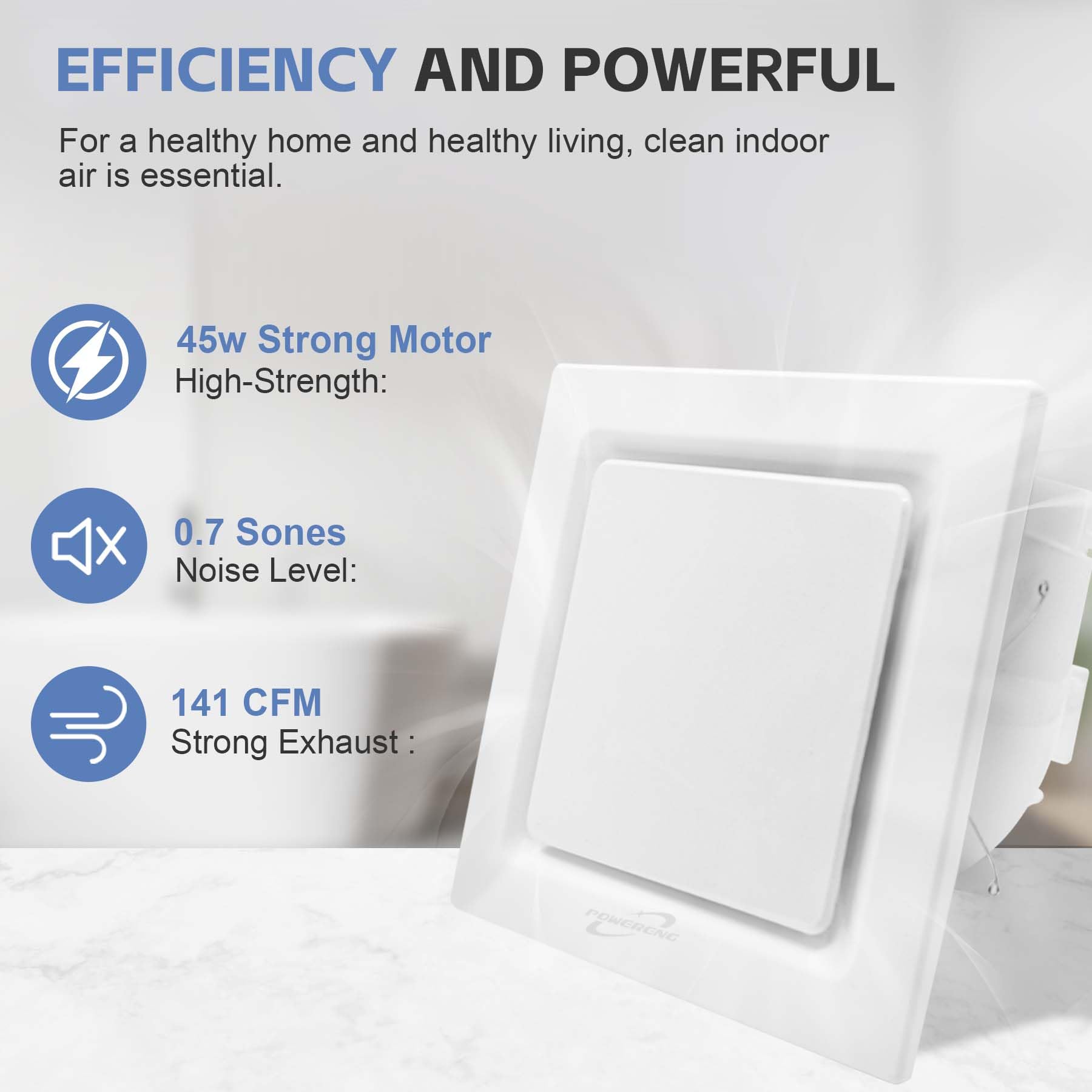 POWERENG Bathroom Fan Ceiling Mount Exhaust Ventilation,141 CFM 0.7 Sones,4 Inches Duct,White,Very Quiet Ventilation and Exhaust Fan