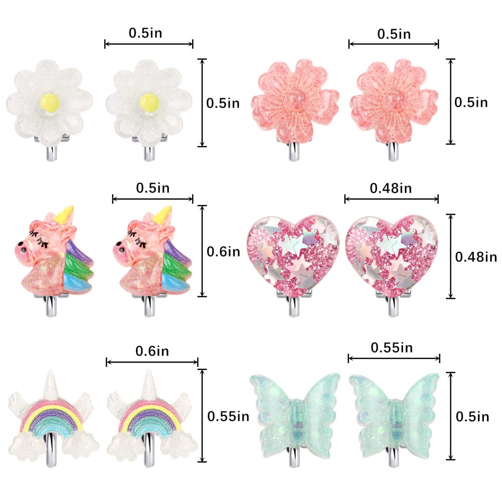 6Pairs Crystal Unicorn Clip On Earrings for Little Girls, Rainbow Earrings Butterfly Earrings Toddler Girls Dress Up Jewelry