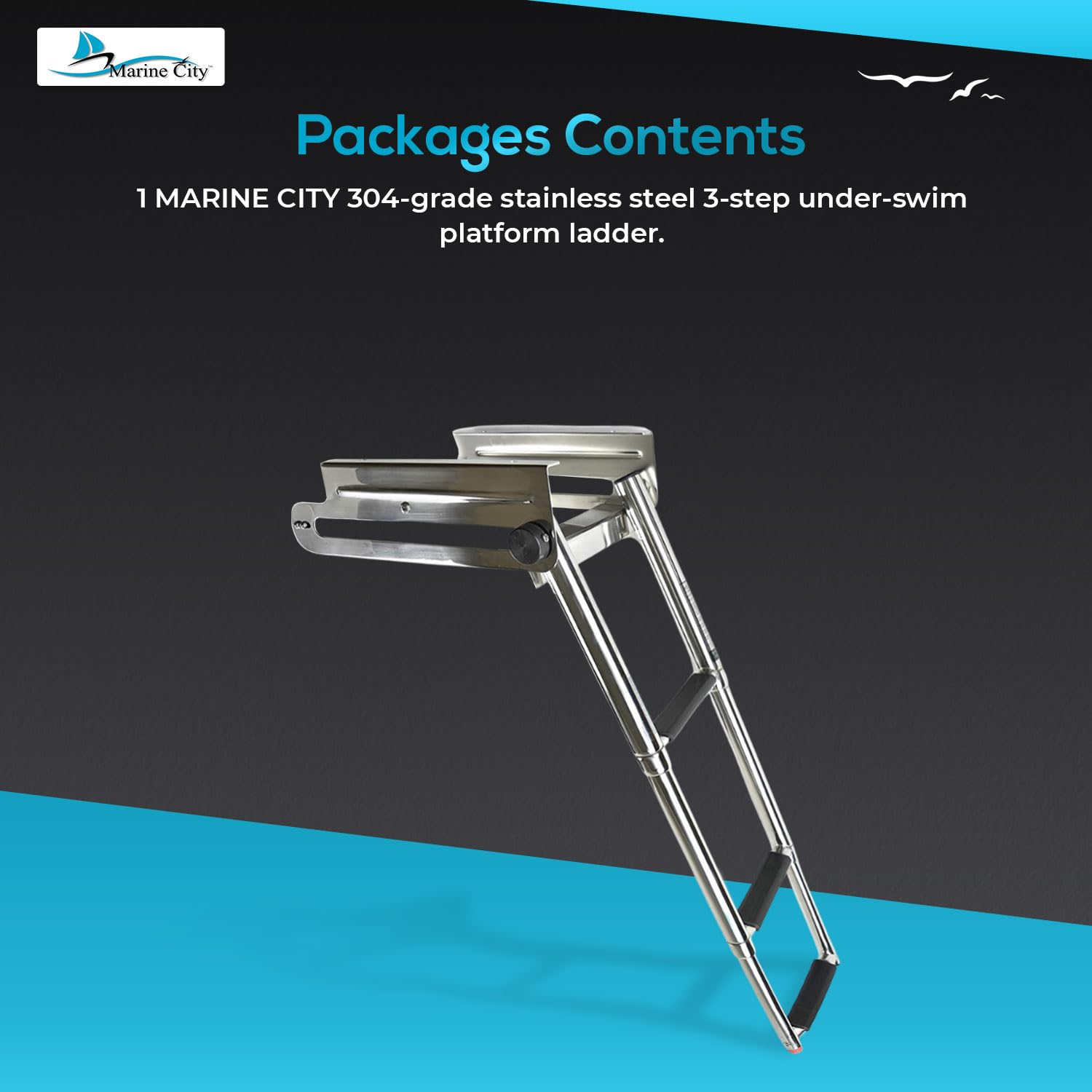 MARINE CITY 304 Stainless Steel Telescoping 3 Step Under Slide Boarding Boat Ladder with Swim Platform Mount - Swiveling, Flips Up - Ideal for Marines, Boats, Yachts, and Pontoons