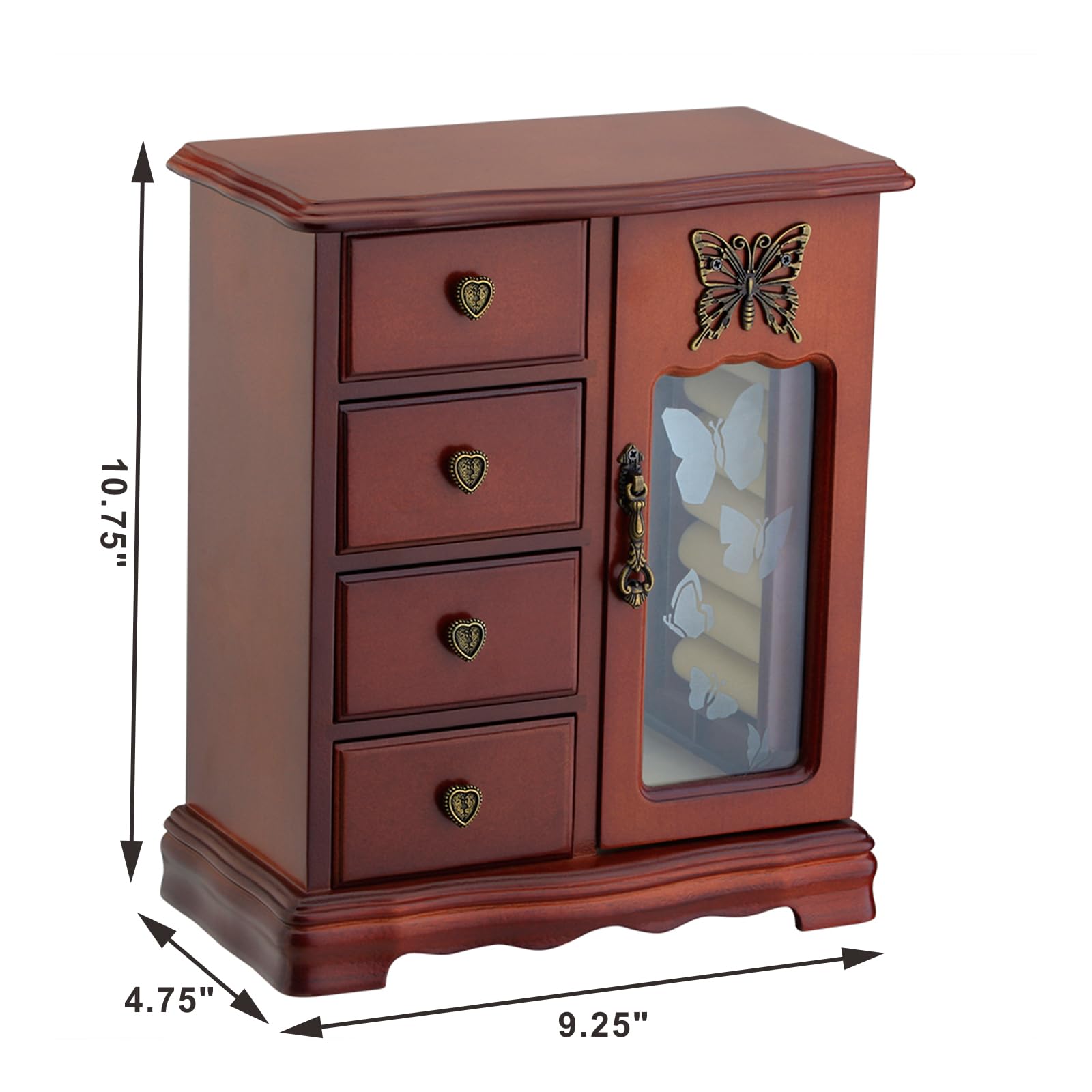 RR ROUND RICH DESIGN Solid Wooden Jewelry Box Makeup and Organizer Women Ring Storage with 4-Drawers Built-in Necklace Carousel and Mirror Brown