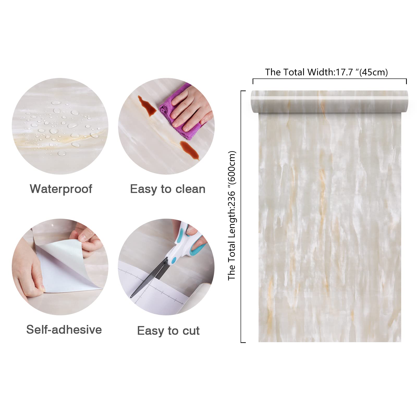 CHIHUT 17.7"x236" Beige Marble Countertop Peel and Stick Countertops Waterproof Self Adhesive Vinyl Beige Marble Wallpaper Glossy Removable Kitchen Wallpaper for Tables Countertop Covers Bathroom
