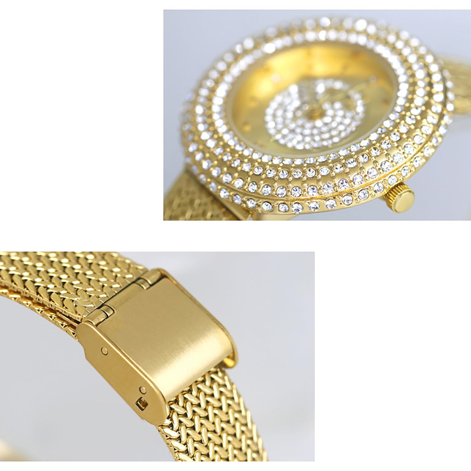 BESTKANG Luxury Womens Watch Round Bling Bling Crystal Rhinestone Diamond Fashion Jewelry Ladies Watch Analog Quartz Waterproof Female Watches for Women (Gold White)
