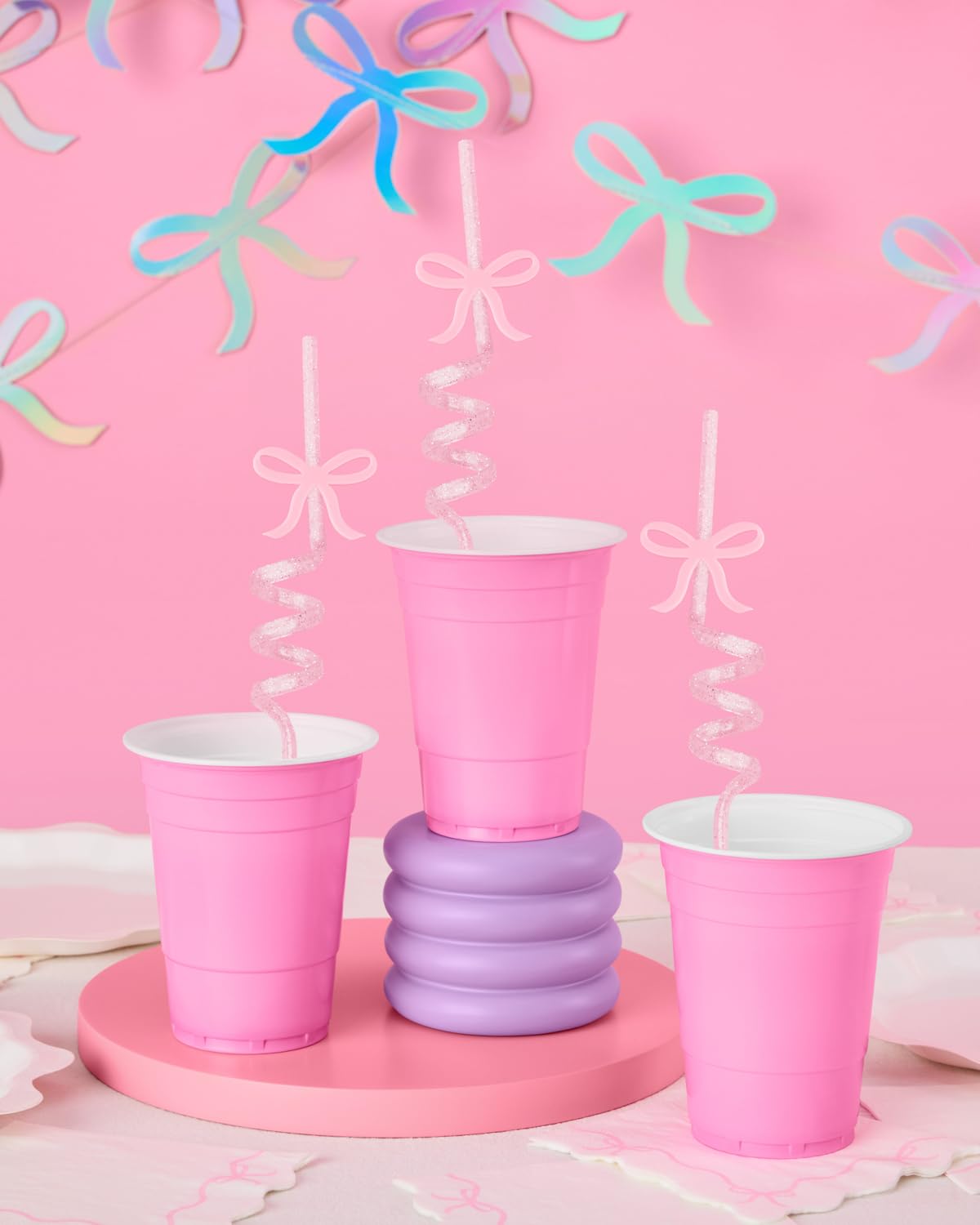 xo, Fetti Bow Reusable Glitter Straw Set - 12 pc | Pretty Bachelorette Decorations, Bow Theme Birthday Party, Bridal Engagement Drinkware, Coquette Cute Supplies, Baby Shower Tableware, Tea Decor