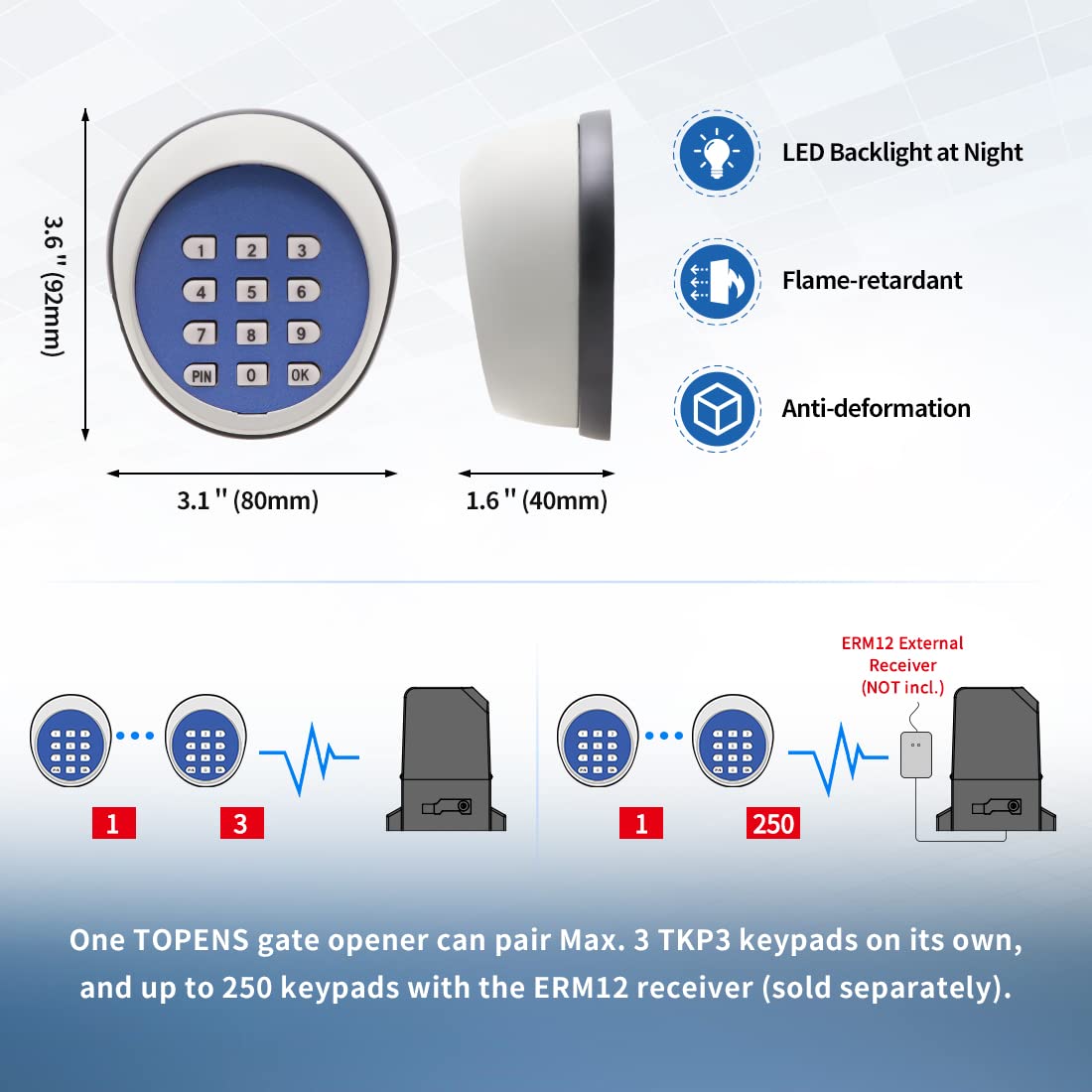 TOPENS TKP3 Wireless Keypad Keyless Entry Keypad Digital Code Panel Security Control for Automatic Swing Sliding Gate Opener Garage Door Opener, Remote Operator Accessory for Outdoor Use