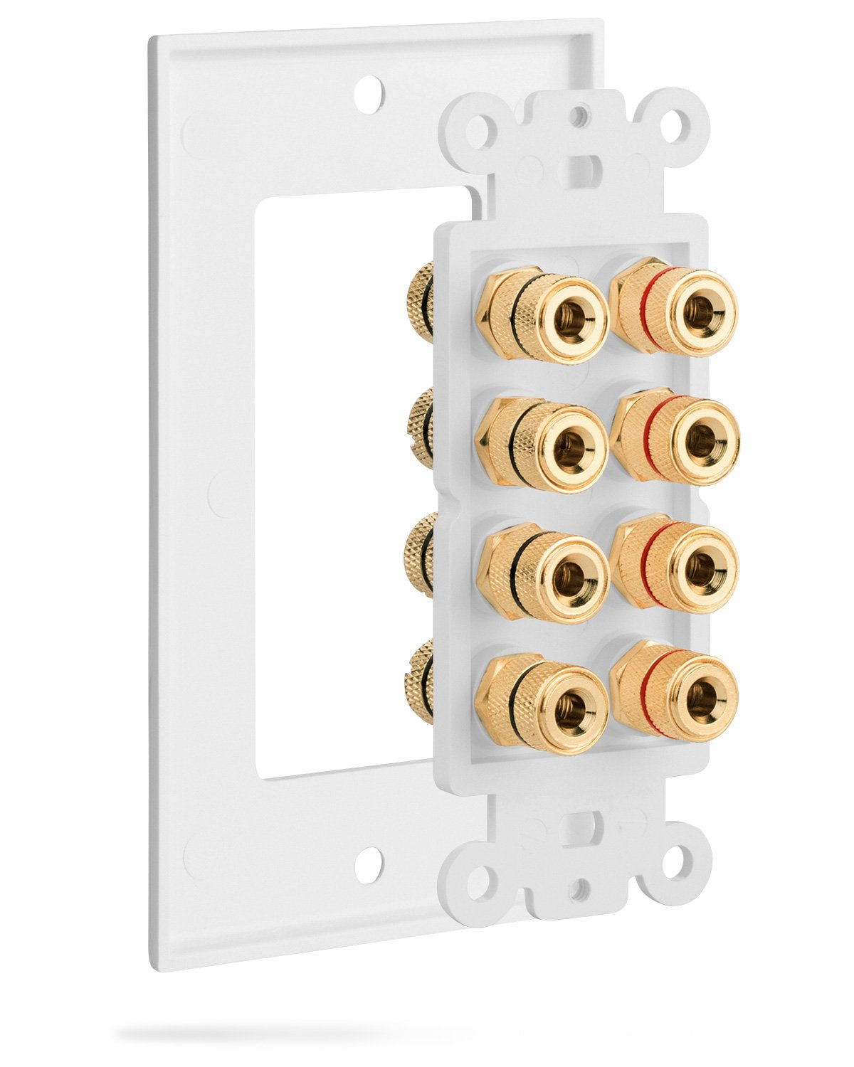 Fosmon (Quad Speaker Home Theater Wall Plate - Premium Quality Gold Plated Copper Banana Binding Post Coupler Type Audio Wall Plate for 4 Speakers (White)