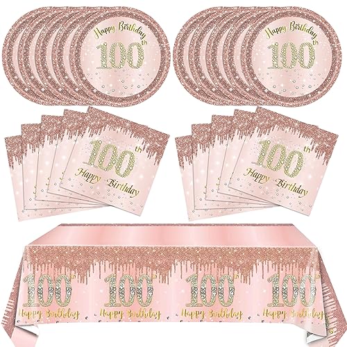 41PCS 100th Birthday Decorations Rose Gold 100 Years Old Birthday Disposable Tableware Include Plates Napkins tablecloth For Women
