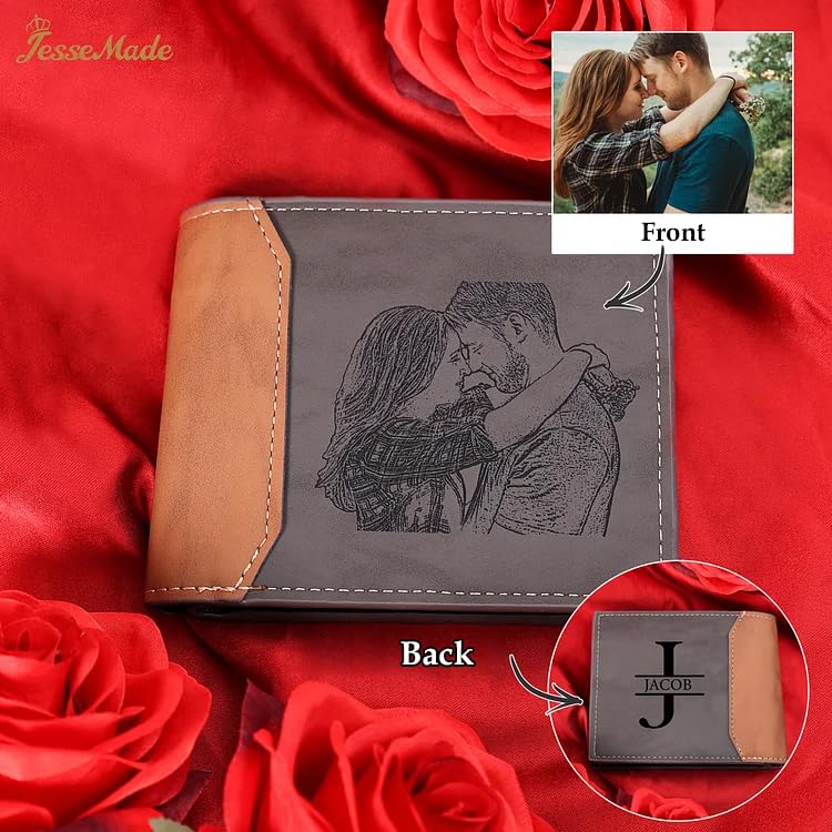 Amsgedhie Personalized Photo Mens Wallets Leather: Custom Initial Name Bi-fold Wallet for Men Father - Men's wallets Wallet for Dad Boyfriend Grandpa Birthday Gift (Gray Photo Monogram)