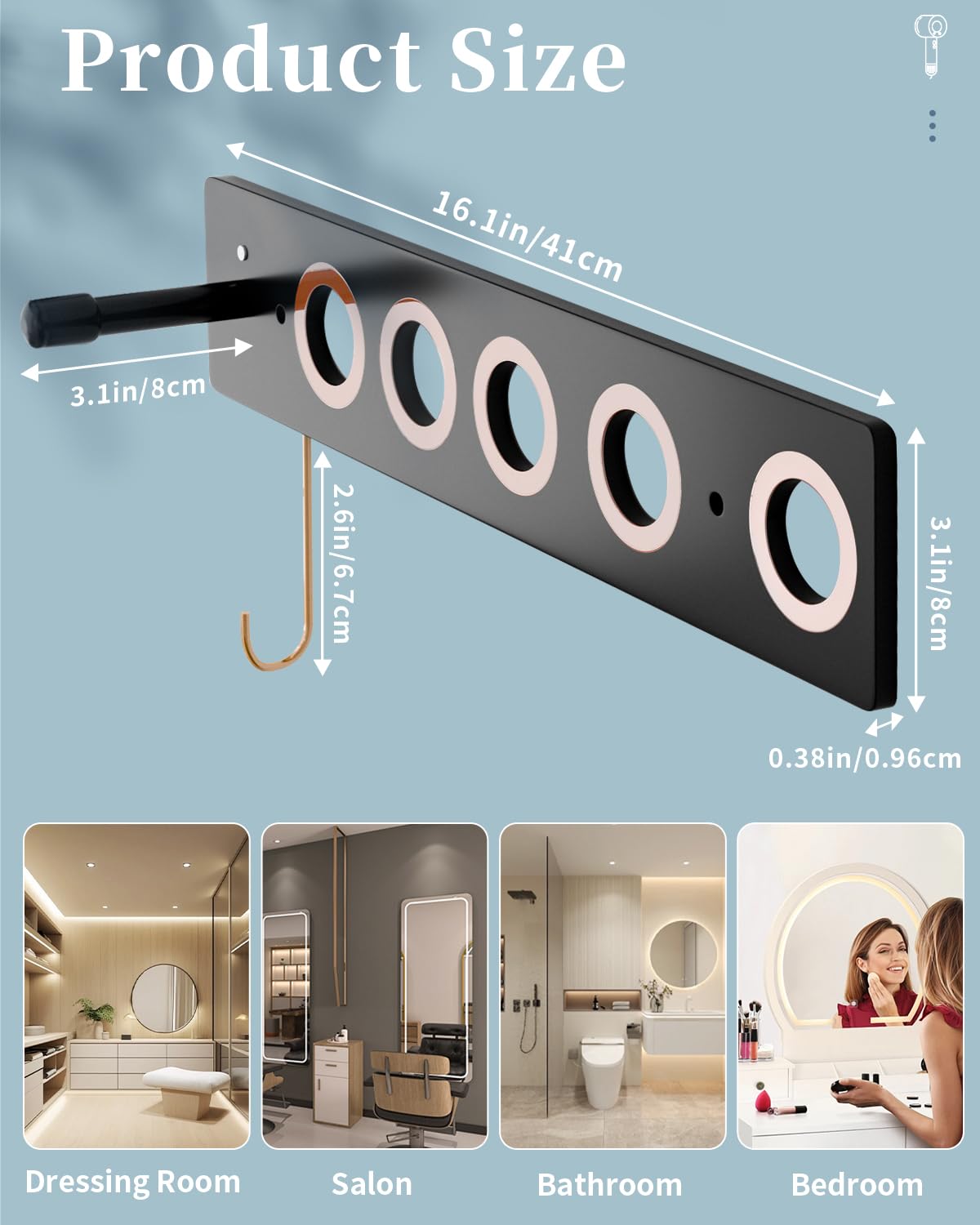 6-in-1 Magnetic Wall Mount for Dyson Supersonic Hair Dryers (HD15, HD08 and Previous Models), with 5 Magnetic Rings for The Accessories (Black)
