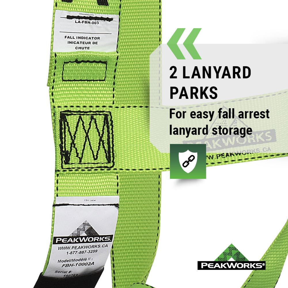 PeakWorks Safety Harness Fall Protection – Full Body, ANSI OSHA Compliant, Adjustable, Hi Vis, 3 Point System with Fall Indicator, D Ring - Green