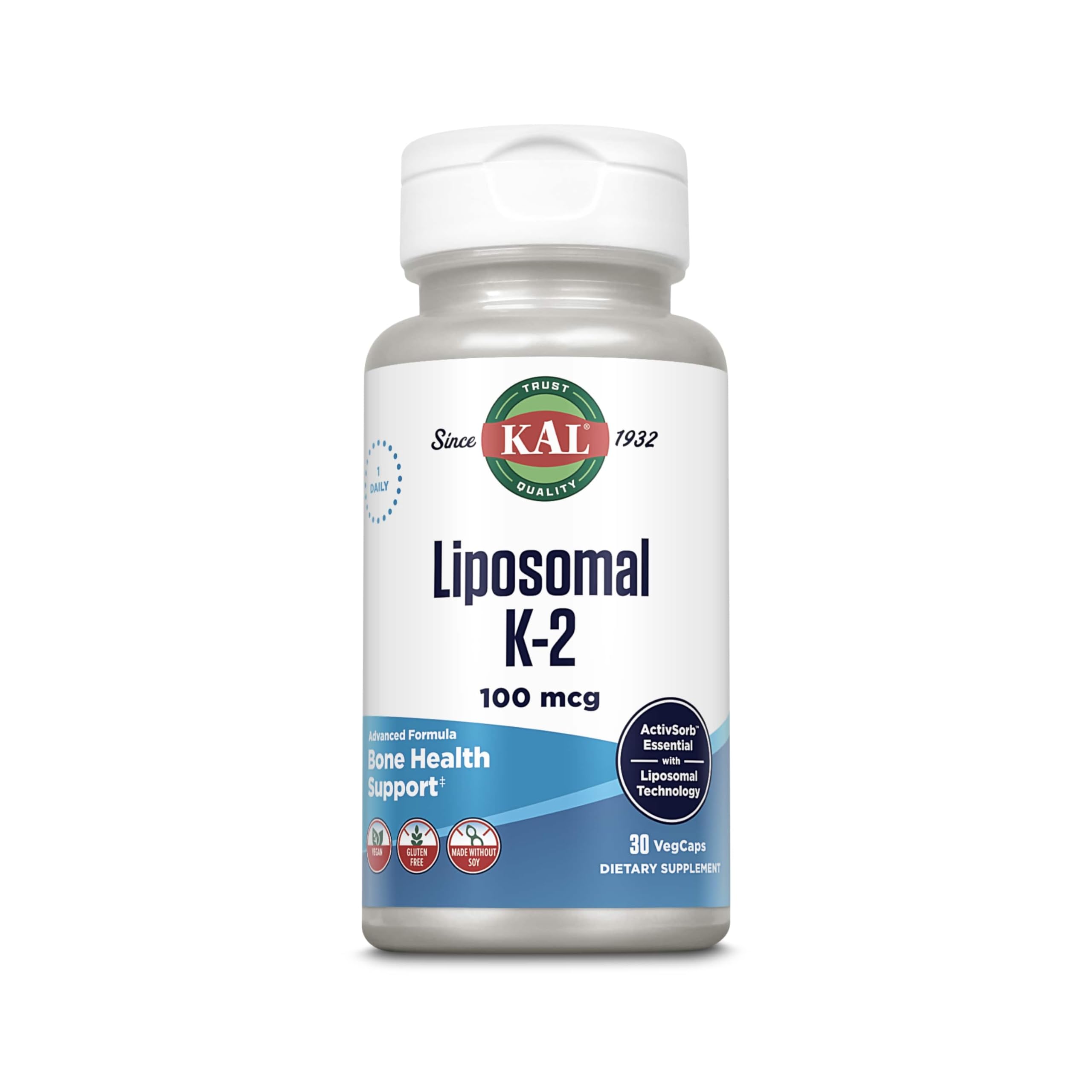 KAL Liposomal Vitamin K2 Supplement with MK7 100 mcg - High Absorption, Liposomal Technology - Advanced Bone Support - Vegan, Gluten Free, Made Without Soy, 30 Servings, 30 VegCaps