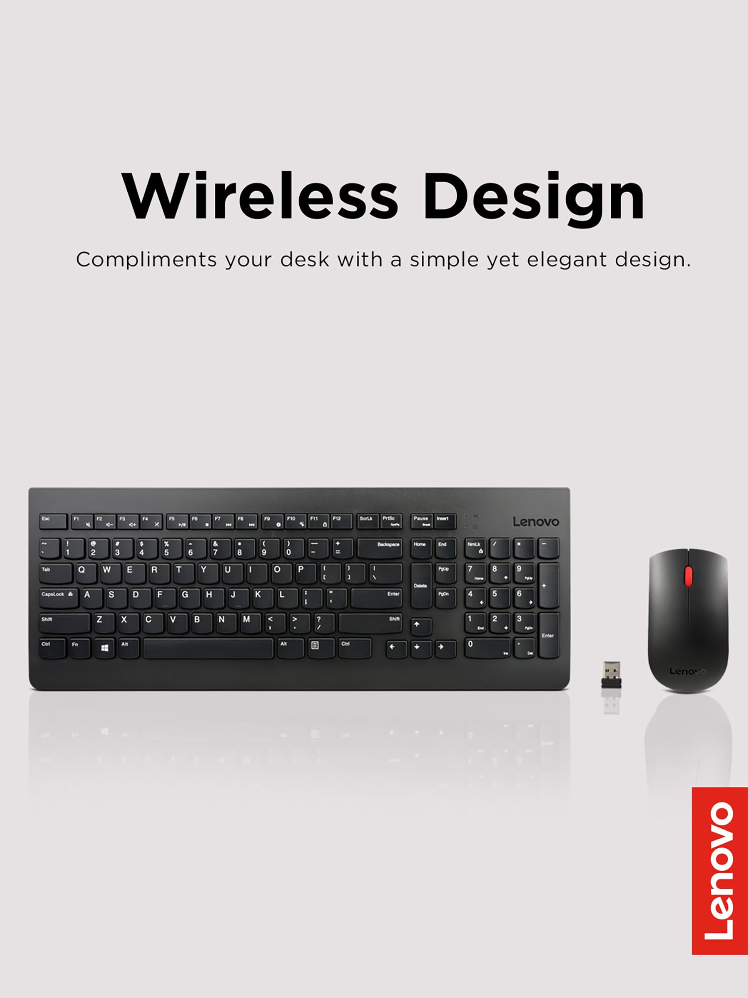 Lenovo 510 Wireless Keyboard & Mouse Combo, 2.4 GHz Nano USB Receiver, Full Size, Island Key Design, Left or Right Hand, 1200 DPI Optical Mouse, GX30N81775, Black