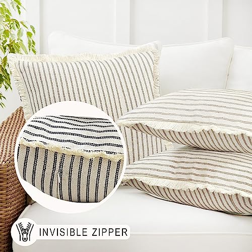 LMYUHONG Linen Throw Pillow Covers 18x18 Set of 2, Black Striped Beige Pillow Covers with Fringe, Boho Decorative Pillows Cover Farmhouse Square Cushion Case for Sofa Couch Bed Living Room Decor