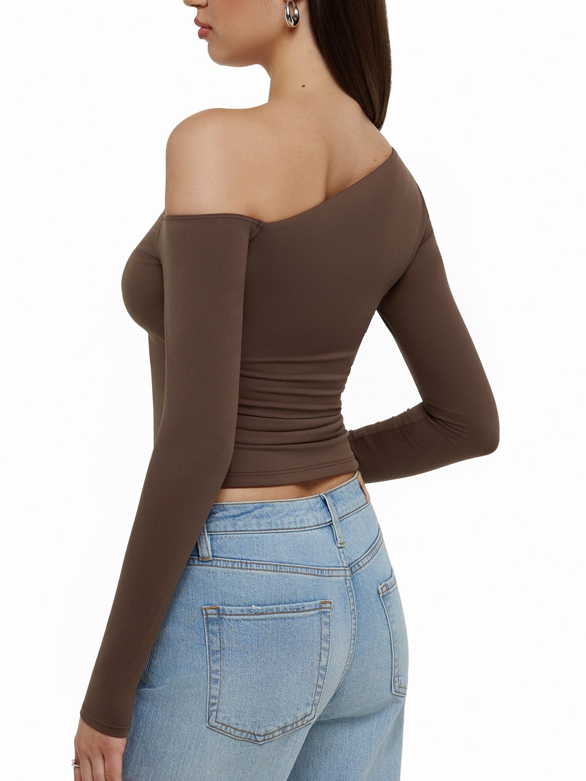 REORIA Womens Trendy Long Sleeve Shirts Double Lined Casual Slim Fitted Tee Y2K 2025 Fall Off The Shoulder Tops Brown