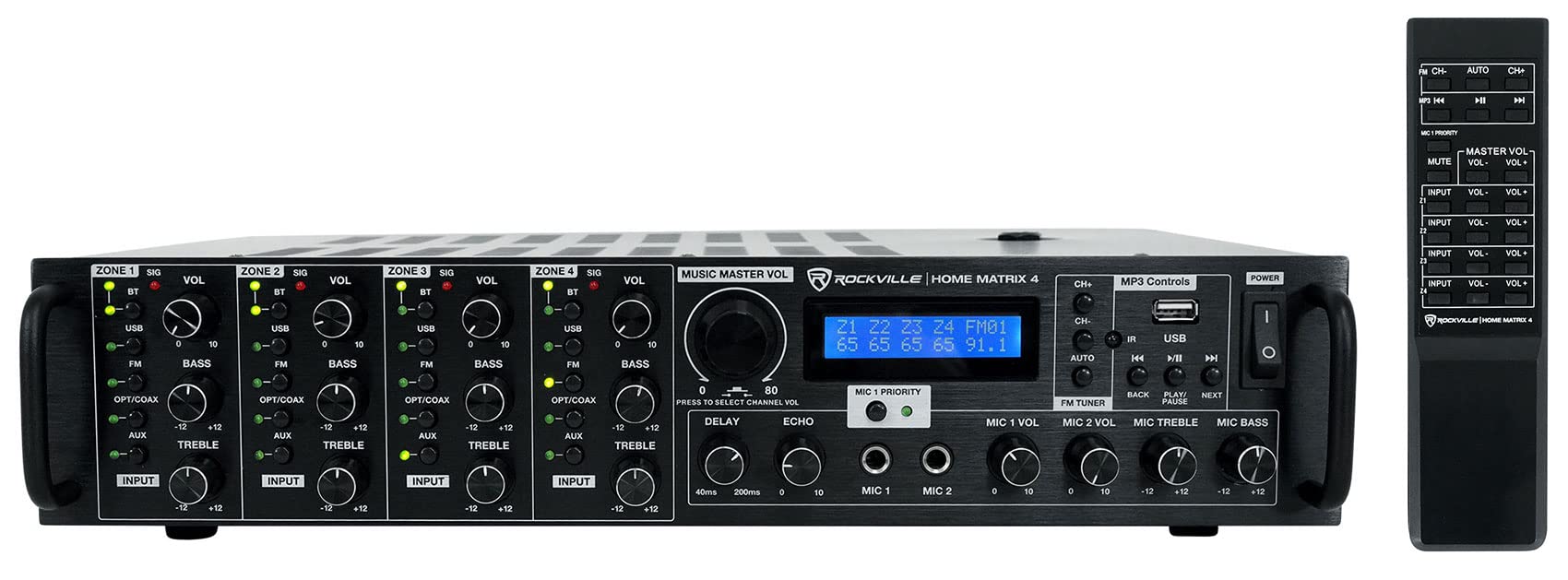 Rockville Home Matrix 4 600W Multi Room Receiver/Amplifier, 8-Channel (4 Zones), Bluetooth, USB, Optical, Coaxial, RCA, Mic Inputs