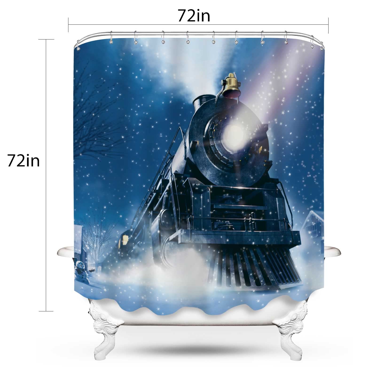 Seasonwood Winter Christmas Night Train Shower Curtain Set with 12 Hooks Wonderland Railway Polar Express Retro Bathroom Bathtubs Decor Waterproof with Washable Durable Polyester Fabric 72"x72"
