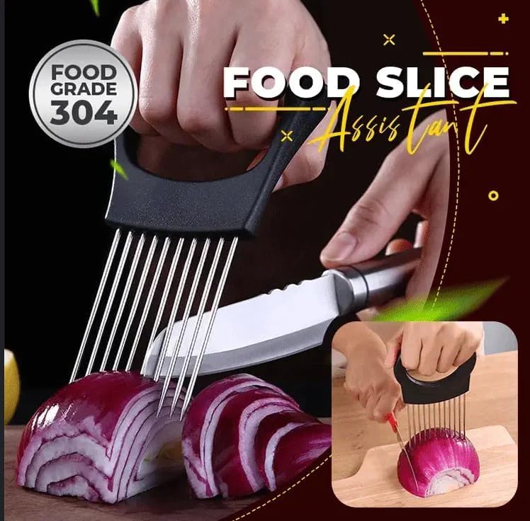 Onion Slice Holder, 2024 New Stainless Steel Holder for Slicing, Chopper Assistant Tool, Cutter for Meat, Onion, Potato, Tomato - Kitchen Gadgets (Black, 1 Pack)