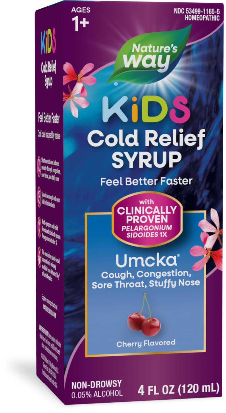 Nature's Way Cold Relief Syrup for Kids 1+, Umcka, Shortens Duration & Reduces Severity, Multi-Symptom Cold Relief, Homeopathic, Phenylephrine Free, Cherry Flavored, 4 Fl Oz (Packaging May Vary)