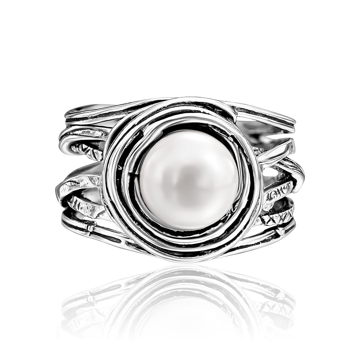 925 Sterling Silver Statement Ring Freshwater Pearl Floral Leaves Vintage Antique Casual Look Hypoallergenic Nickel and Lead-free Artisan Handcrafted Designer Collection, Jewelry Gift for Her Precious
