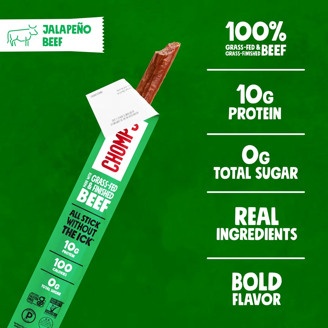 Chomps Grass-Fed and Finished Jalapeño Beef Jerky Snack Sticks 10-Pack - Keto, Paleo, Whole30, 10g Lean Meat Protein, Gluten-Free, Zero Sugar Food, Non-GMO