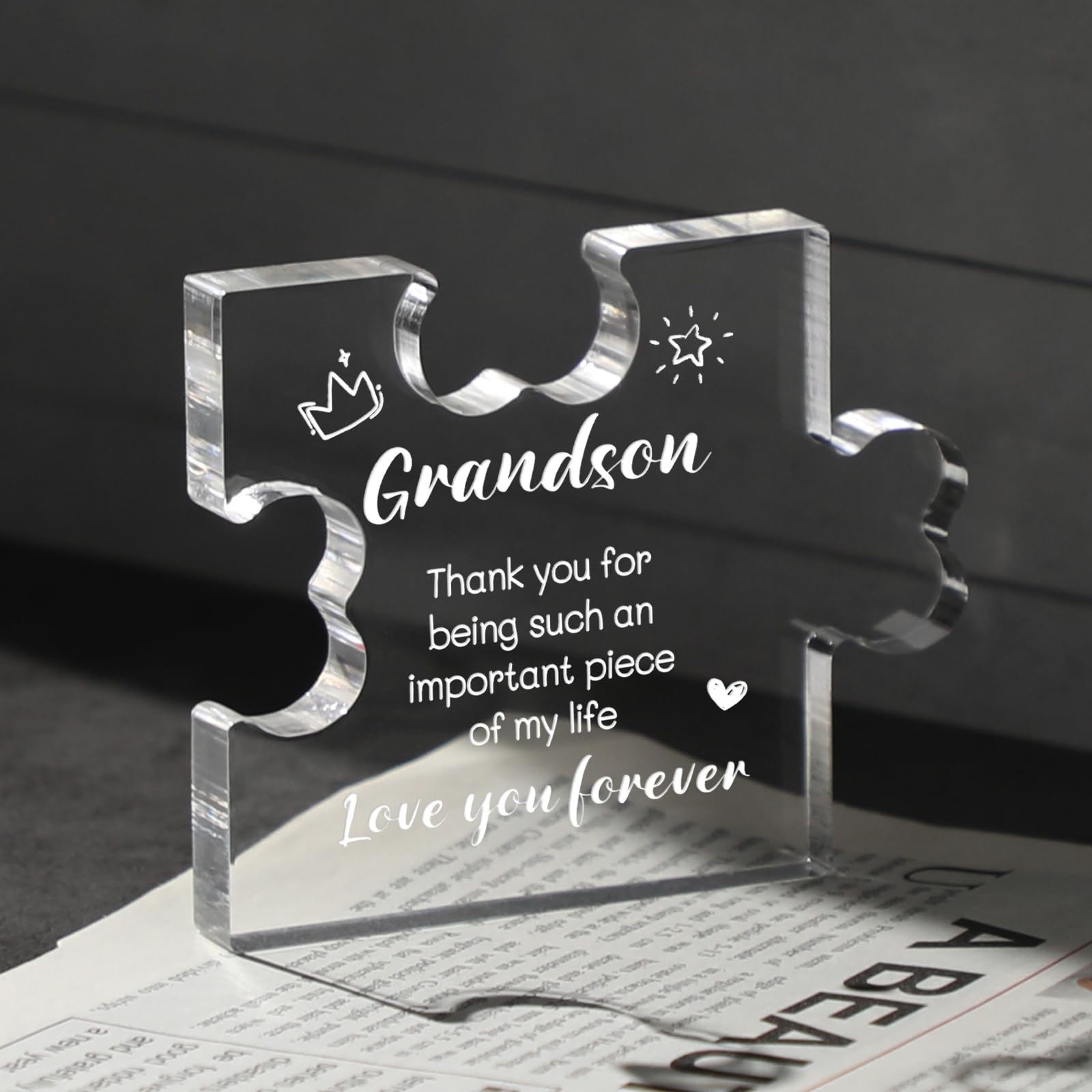 Funnli Grandson Gifts from Grandma Acrylic Puzzle Plaque - Christmas Valentines Day Fathers Day Birthday Gifts for Grandson 3.35 x 2.76 Inch Desk Decorations