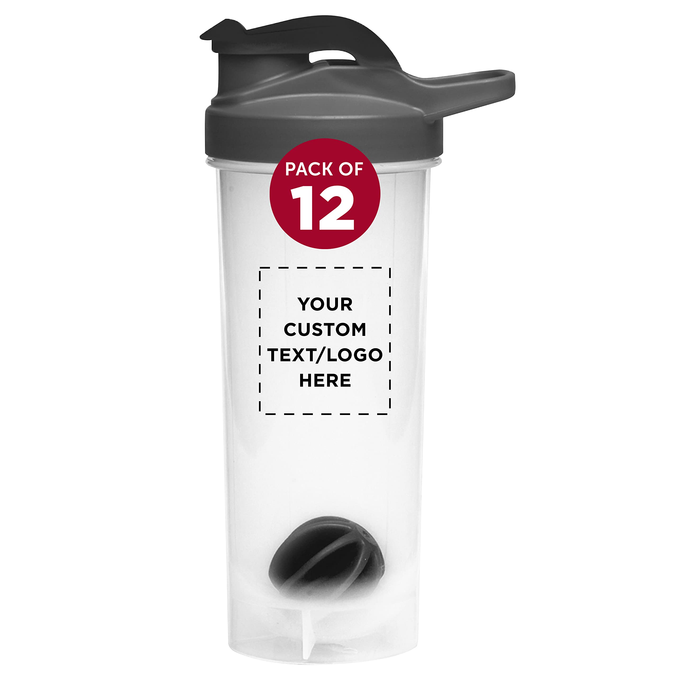 DISCOUNT PROMOS Custom Plastic Shaker Bottles with Mixer 24 oz. Set of 12, Personalized Bulk Pack - Perfect for Protein Shake, Smoothie and More! - Black