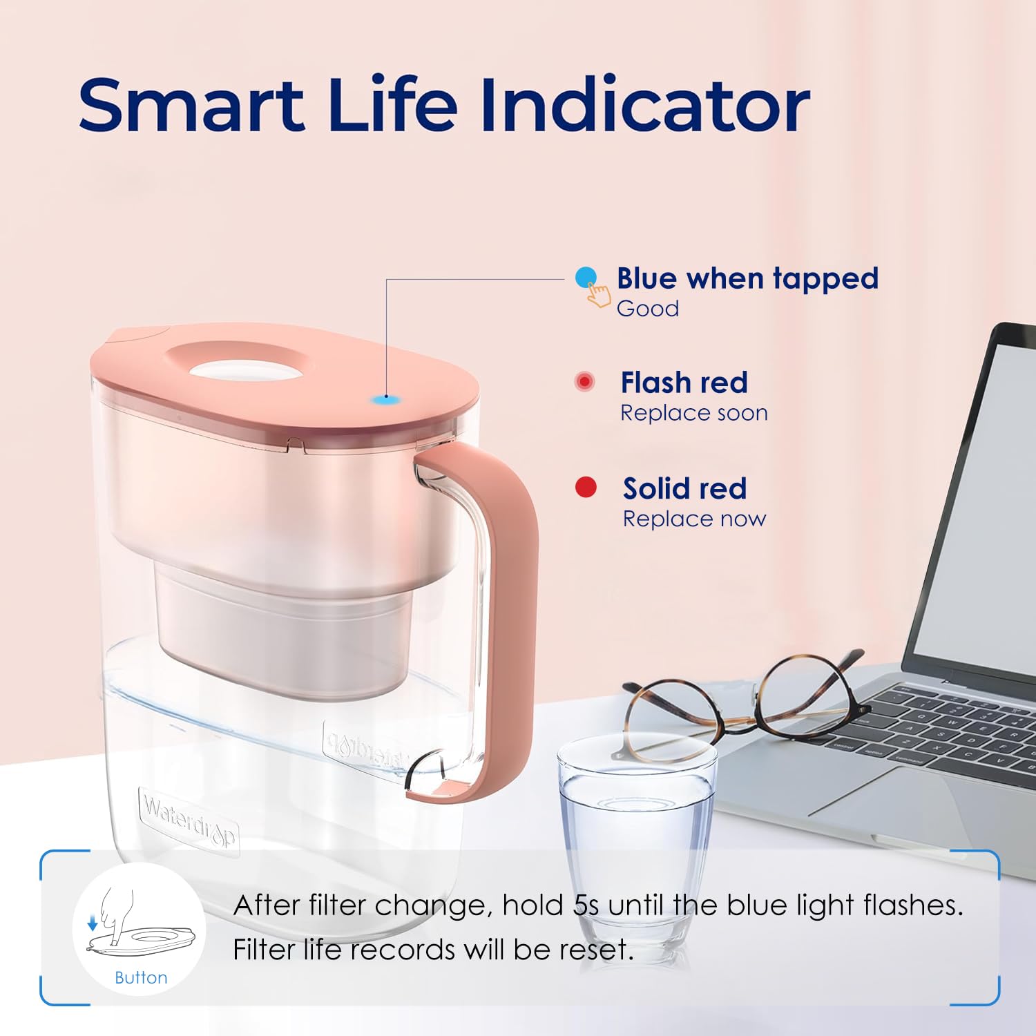 Waterdrop 200-Gallon Long-Life Lucid 10-Cup Large Water Filter Pitcher, NSF Certified, 5X Times Lifetime, Reduces PFOA/PFOS, Chlorine, BPA Free, Pink